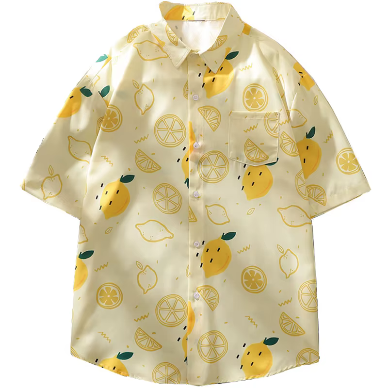 Plage demi manches chemise hommes été nouveau japonais rétro décontracté ample citron imprimé revers manteaux populaire polyvalent femmes mince hauts