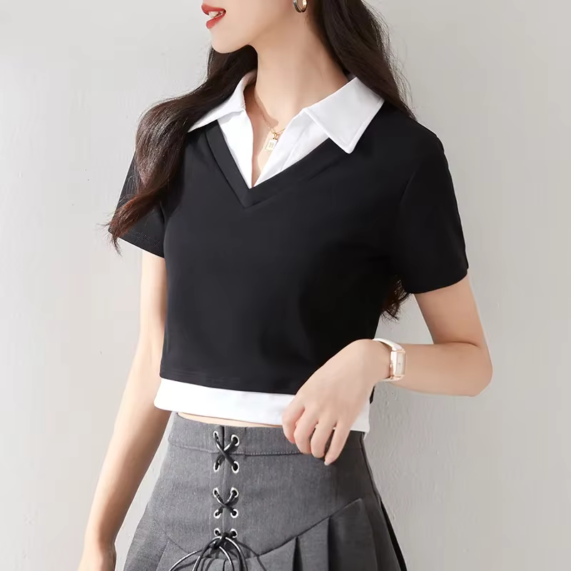 T-shirt polo femme faux deux pièces à col revers et manches courtes