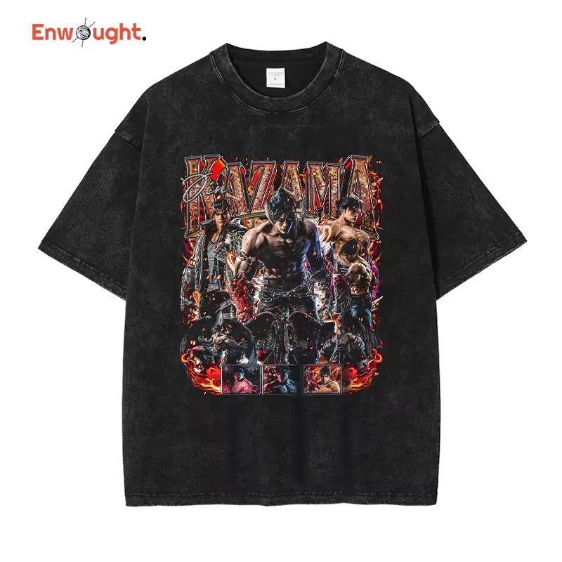T-shirt manches courtes imprimé Jin Kazama Yoshimitsu PC Game, vintage, délavé, Hip Hop, Harajuku DTG
