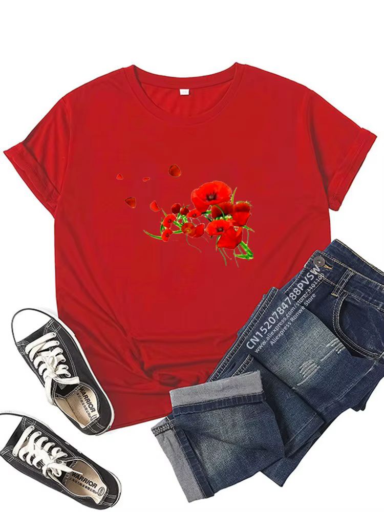 T-shirt imprimé drôle de fleurs rouges pour femmes