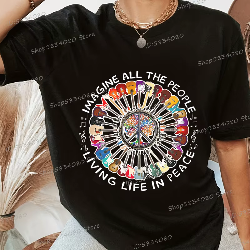 Imaginez toutes les gens vivre la vie dans la paix impression T-shirt femmes drôle guitare Beatles chanson lyrique