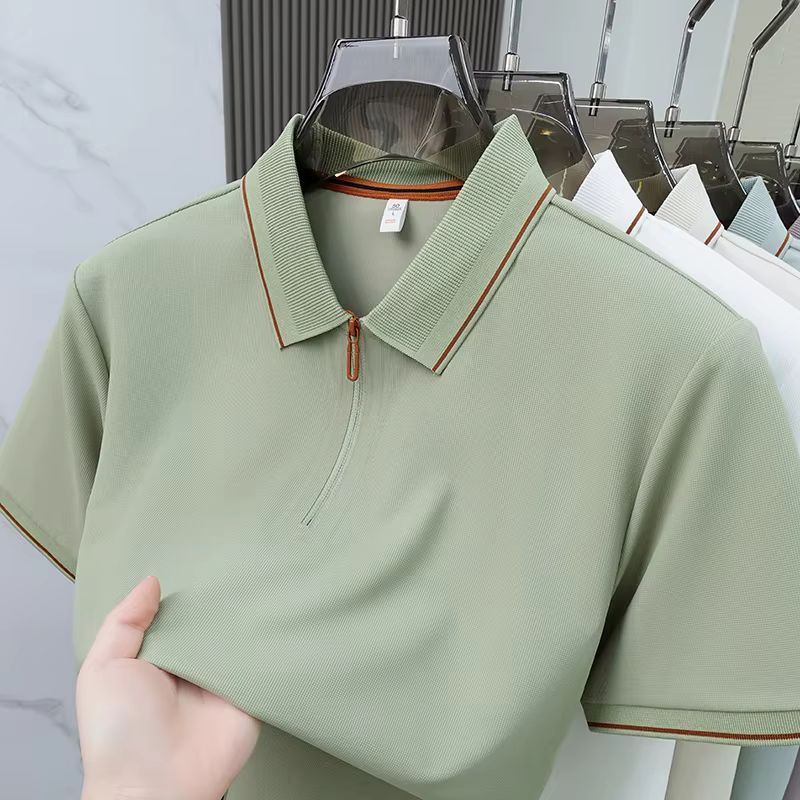 Light luxe couleur solide manches courtes polo chemise homme été glace soie respirable affaires décontractée mode zipper Le col renversé T-shirt