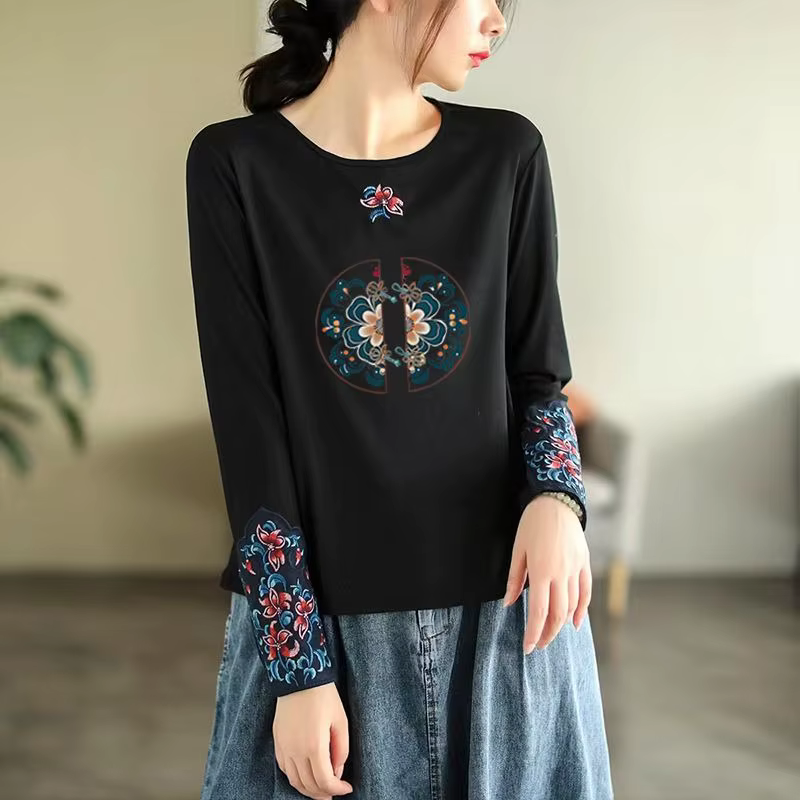 Femmes ethnique broderie à manches longues t-shirt 100% coton coupe ajustée col rond haut automne mode chemise décontractée pour vêtements de base en plein air