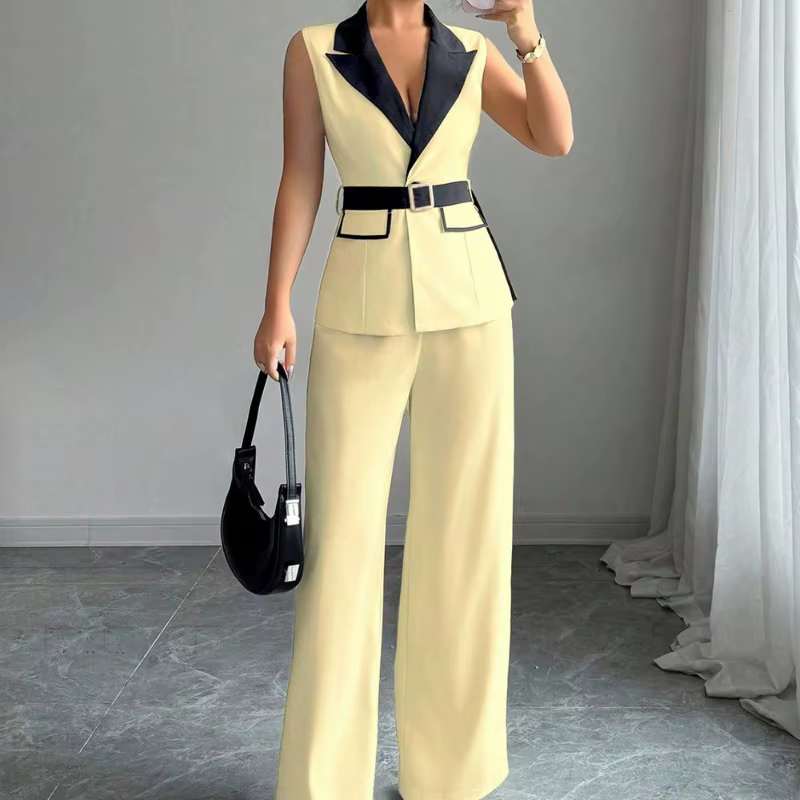 Ensemble pantalon large et gilet blazer élégant sans manches pour femme avec ceinture