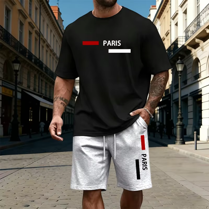 Ensemble homme imprimé Paris 2026 : T-shirt en coton et short à séchage rapide – Tenue décontractée estivale