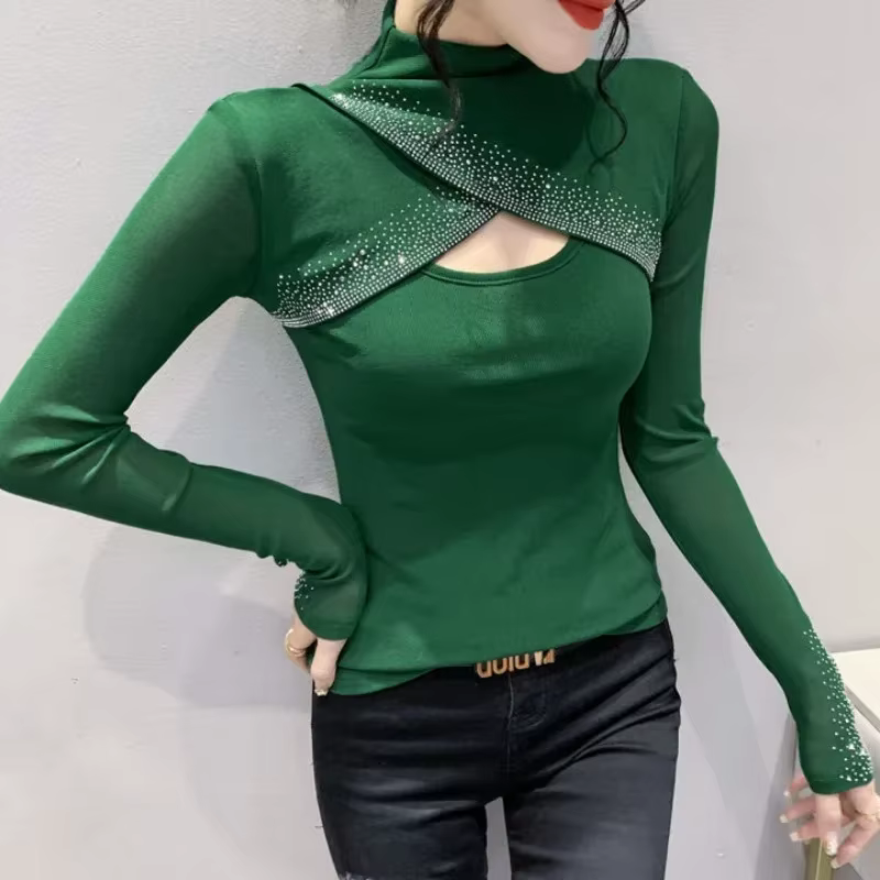 T-shirt à manches longues pour femmes noir paillettes printemps haut d'automne femme strass