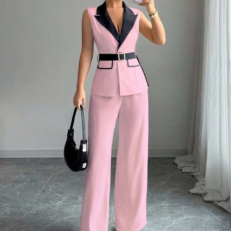 Ensemble pantalon large et gilet blazer élégant sans manches pour femme avec ceinture