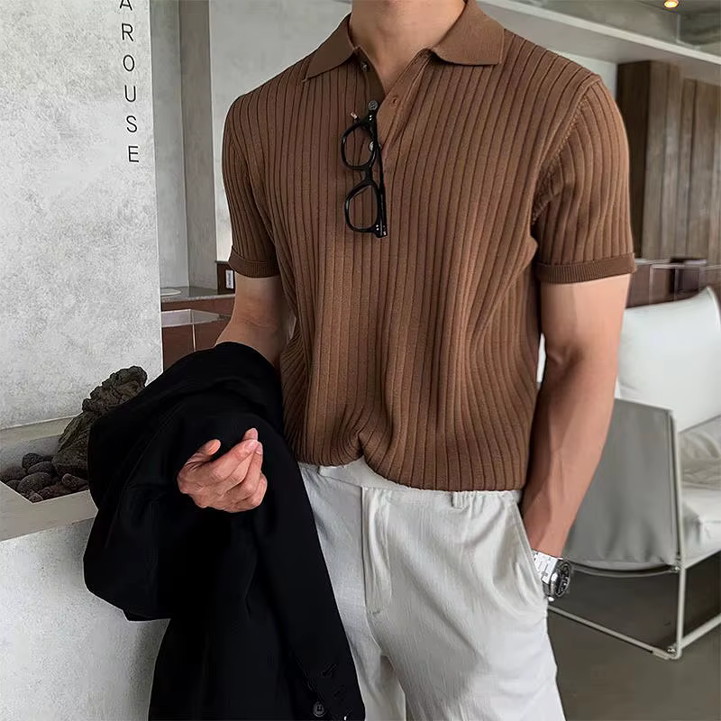 Nouveaux hommes Style coréen Polo de luxe loisirs tricoté T-shirt décontracté rayé couleur unie à manches courtes respirant rétro tricots