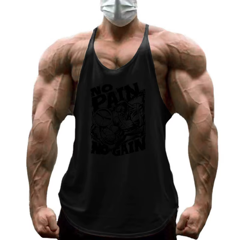 NO PAIN NO GAIN Imprimé Gym Fitness T-Shirt Hommes Musculation Sport Sans Manches Gilets Coton Respirant Y-back Bretelles Débardeurs