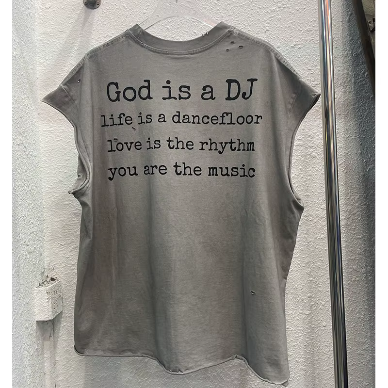 High Street sale endommagé trou dieu est un DJ débardeurs hommes femmes surdimensionné Saint manches-coupées T-Shirt