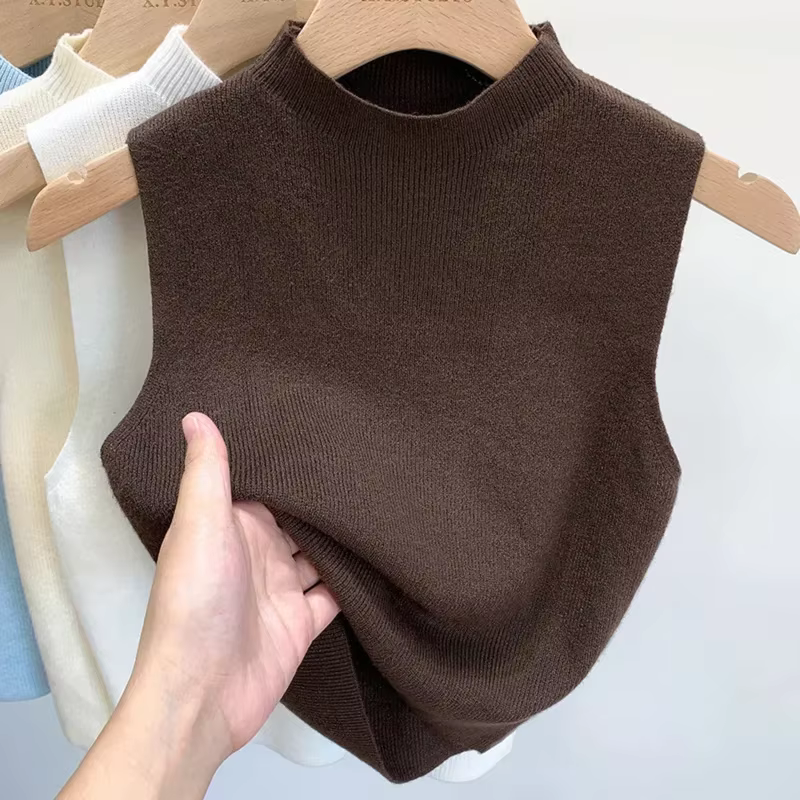 Débardeur tricoté pour femmes, couleur unie, T-Shirt, haut court, Camisole, pull demi-col roulé, sans manches, printemps automne