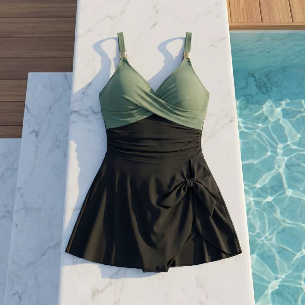 Maillot de bain femme coupe ajustée sans manches col en V, tenue de plage d'été avec jupe plissée