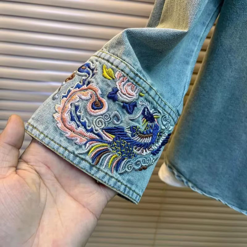 Chemise en jean femme 2025 nouveau printemps été broderie ample à manches longues dames hauts Style rétro mode coréenne