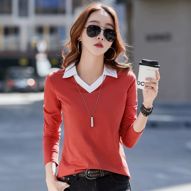 Polo à manches longues en coton pour femmes, coupe ample, chemisier décontracté, col de couleur contrastée, mode automne, haut pour un usage quotidien, nouvelle collection 2026
