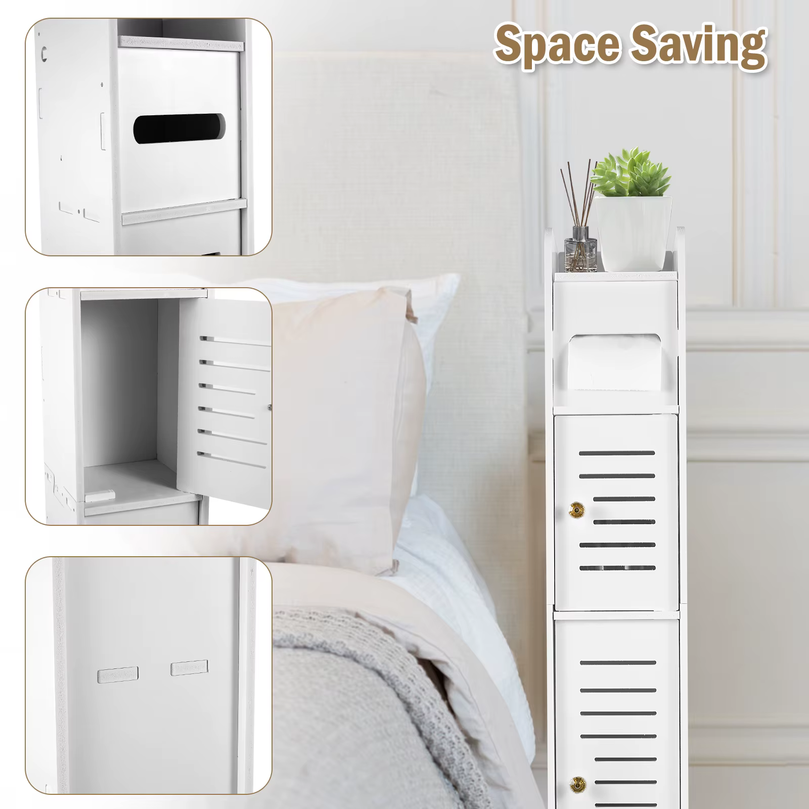 Armoire de rangement pour salle de bain, armoire de sol à 3 niveaux, organisateur avec porte, porte-rouleau de papier toilette autoportant, armoire de rangement pour toilettes étroite