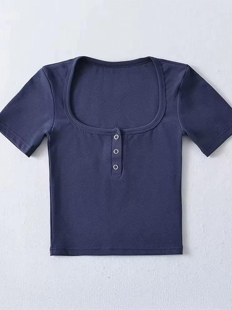T-shirt court à manches courtes pour femmes, avec boutons sur le devant