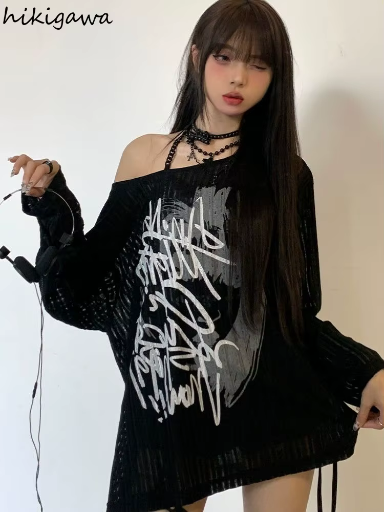 T-shirt surdimensionné femmes Graffiti imprimé épaules dénudées à manches longues T-shirts Y2k hauts 2025 Ropa Mujer
