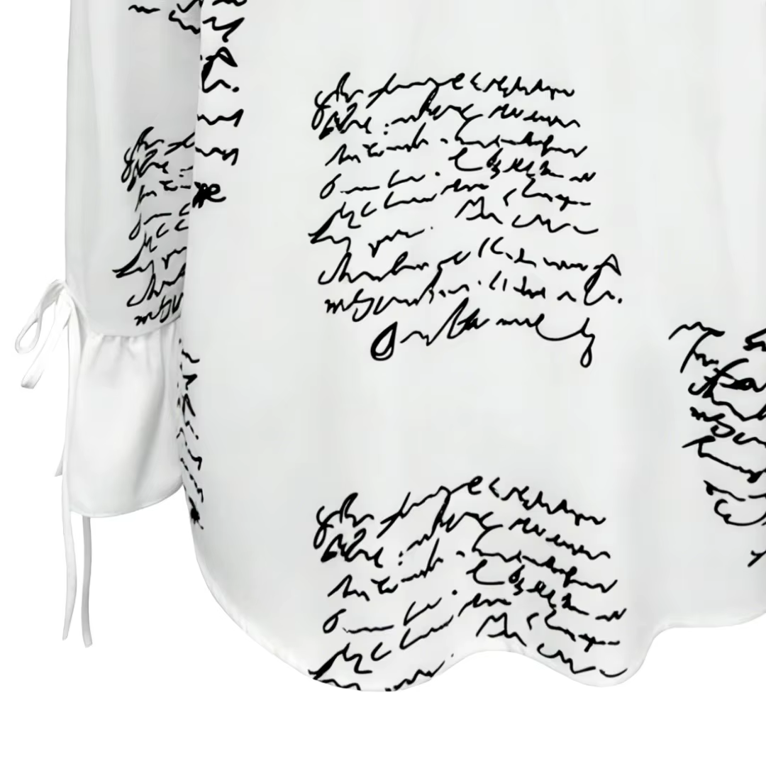 Chemise boutonnée blanche à imprimé script pour femme - Blouse décontractée à manches longues avec poignets à nouer pour le bureau et le style urbain