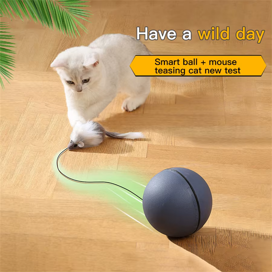 Balle jouet interactive pour chat «à piles » avec souris de suivi - Teaser roulant automatique pour toutes les races, alimenté par batterie (Batt