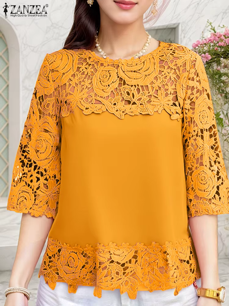 ZANZEA élégant dentelle Patchwork Blouse été hauts 2025 transparent chemises décontractées mode 3/4 manches bureau dame Blusas surdimensionné