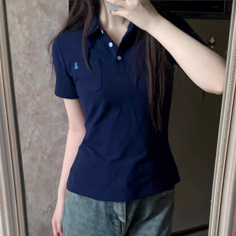 Deeptown basique broderie T-Shirts femmes à manches courtes col Polo Style japonais JK