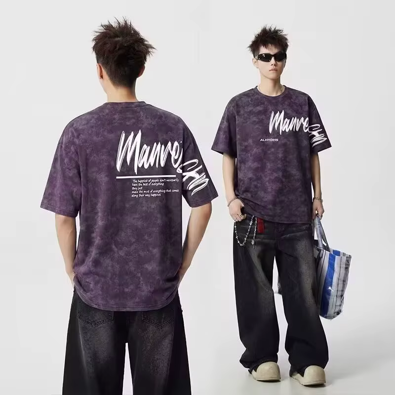 T-shirts Oversize Homme Tie-Dye Imprimé Lettres Vintage Décontractés Style Rétro Streetwear Y2K Mode Été 2026