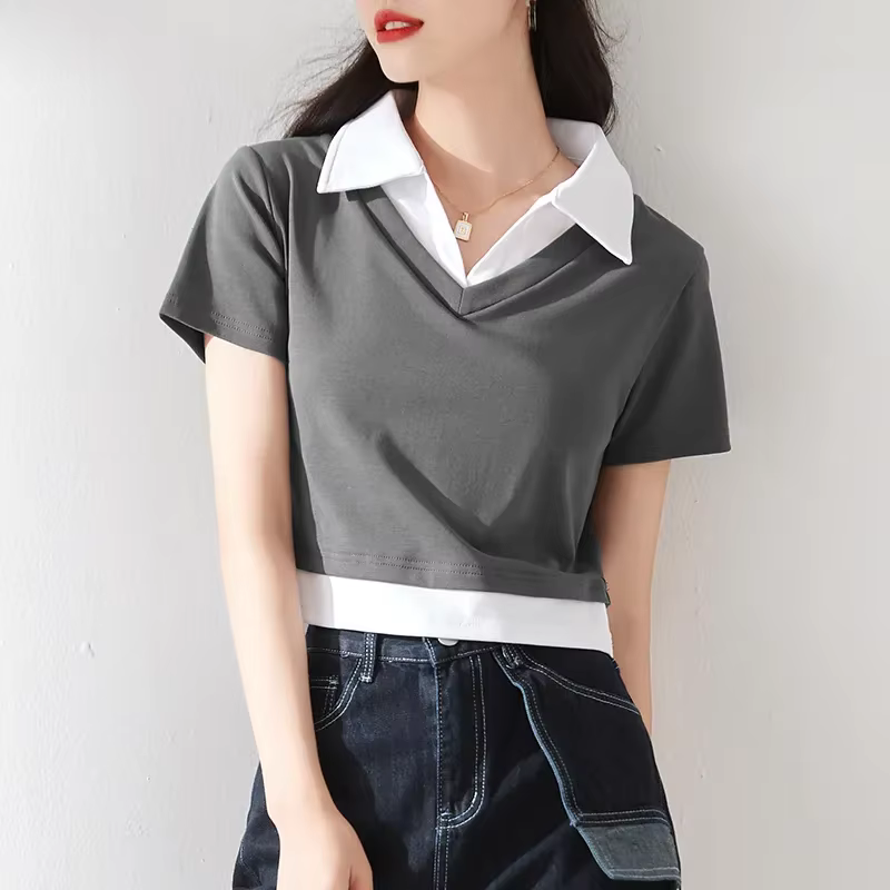T-shirt polo femme faux deux pièces à col revers et manches courtes