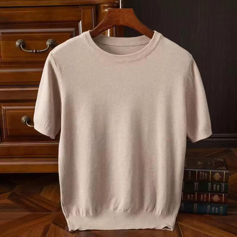 T-shirt en laine mérinos ultrafine pour hommes, tricoté, col rond, respirant, en cachemire fin, à manches courtes, couleur unie