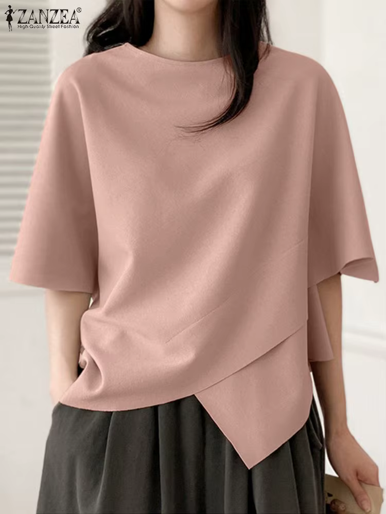 ZANZEA femmes asymétrique t-shirt mode été demi manches t-shirts 2024 coréen col rond plaine tuniques décontracté ample solide Simple hauts