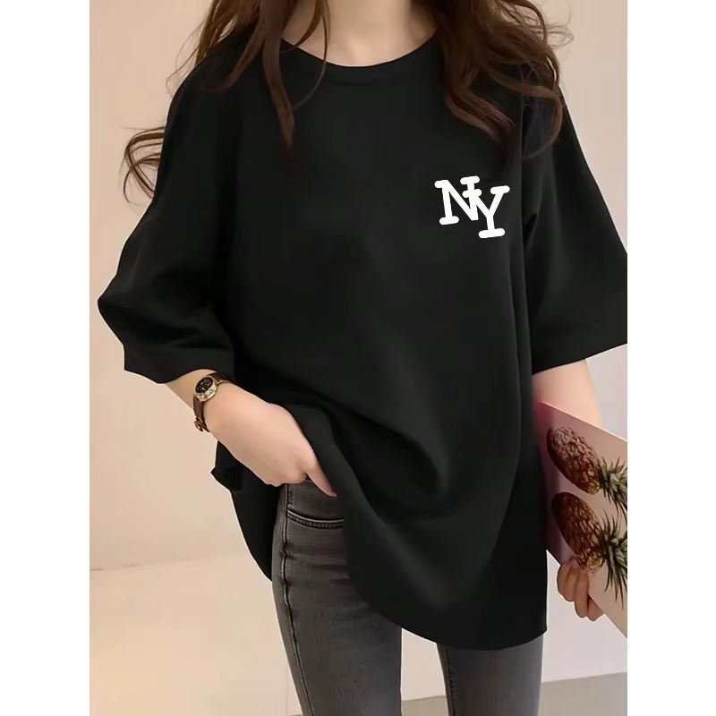 T-shirt manches courtes col rond femme noir New York NY lettre imprimée ample