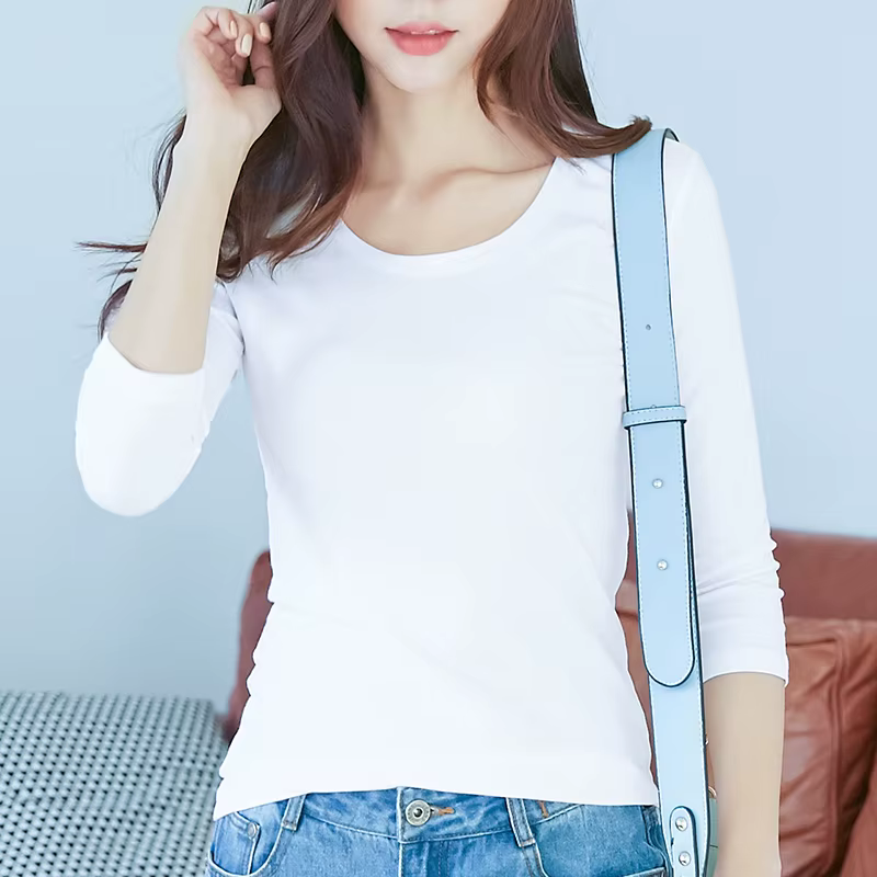 T-shirt manches 3/4 96% coton et 4% élasthanne qualité femmes printemps haut d'été coupe ajustée blanc noir col rond t-shirts chemises de Base décontractées