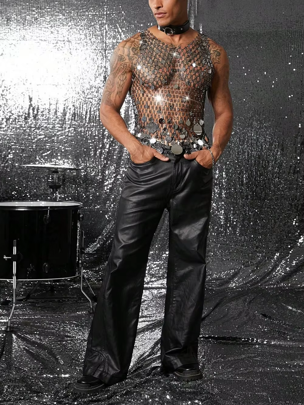 Débardeurs hommes strass résille brillant haut musculaire homme voir à travers gilet rond paillettes sans manches T-Shirt fête discothèque vêtement