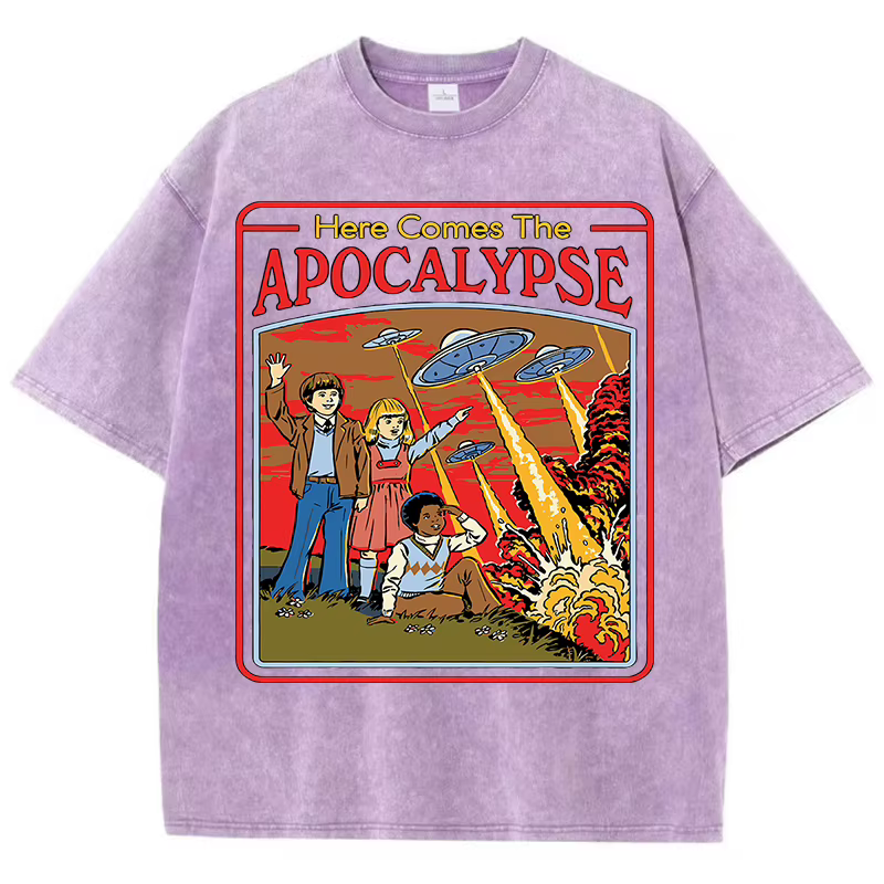 T-shirt vintage imprimé Apocalypse, style rétro délavé, pour homme, été, unisexe, en coton, tendance, effet délavé, confortable, doux, hauts pour homme