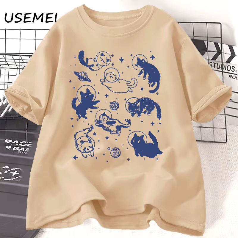 T-shirt imprimé chats dans l'espace pour femmes et hommes