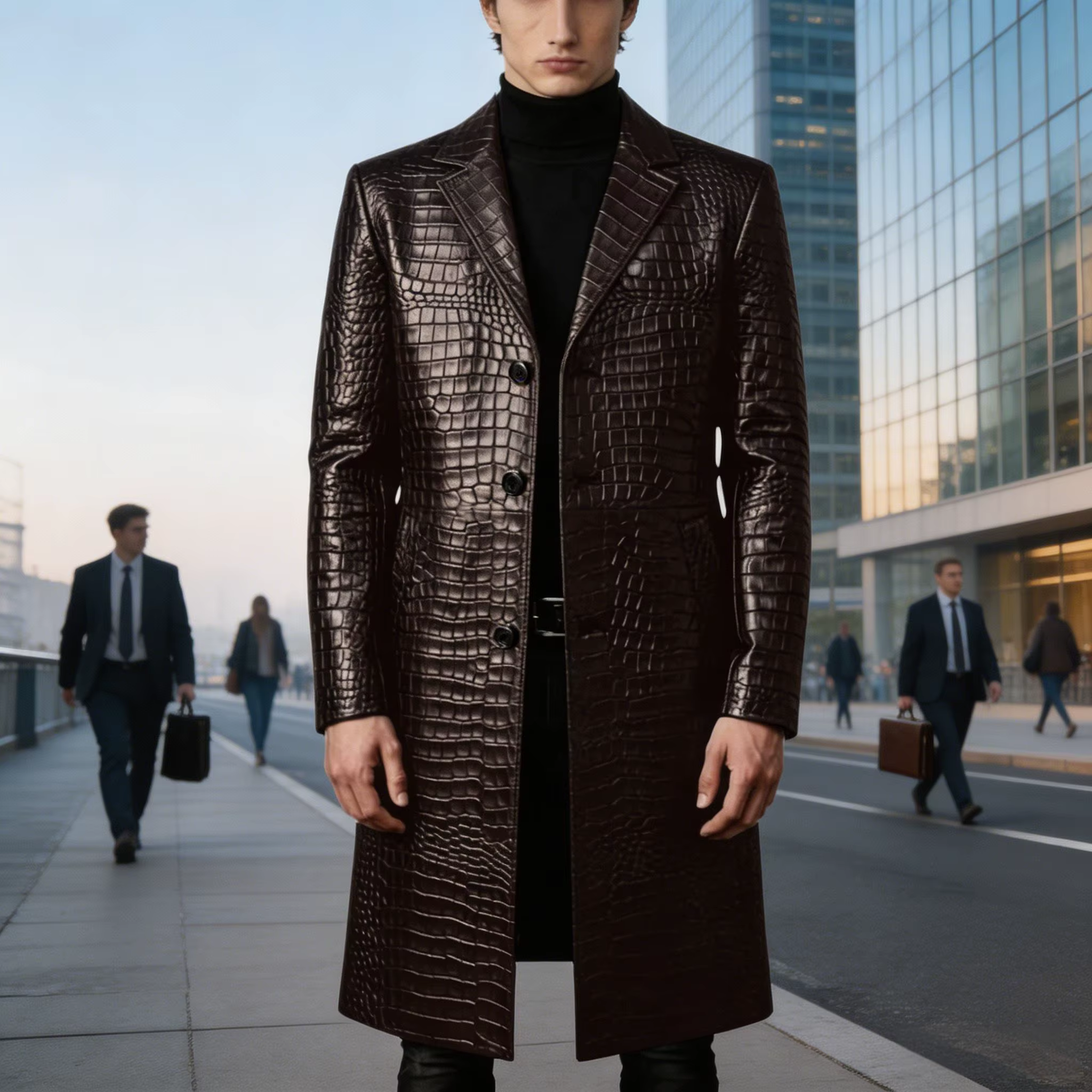 Manteau long en cuir gaufré crocodile de qualité supérieure pour homme, coupe ajustée, simple boutonnage, style formel et streetwear
