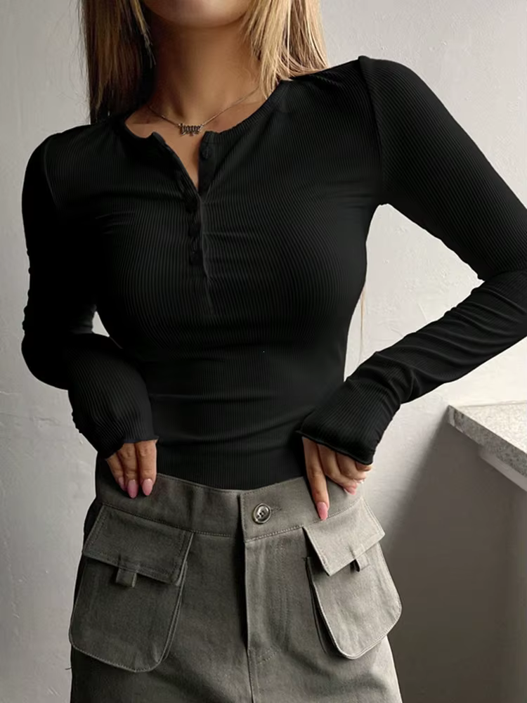 T-shirt côtelé uni à demi-bouton sur le devant pour femmes