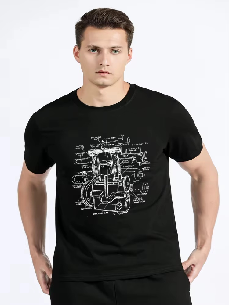 T-shirt en coton imprimé avec motif de composants de moteur de voiture pour hommes - Chemise d'été à manches courtes. Convient aux passionnés de mécanique automobile