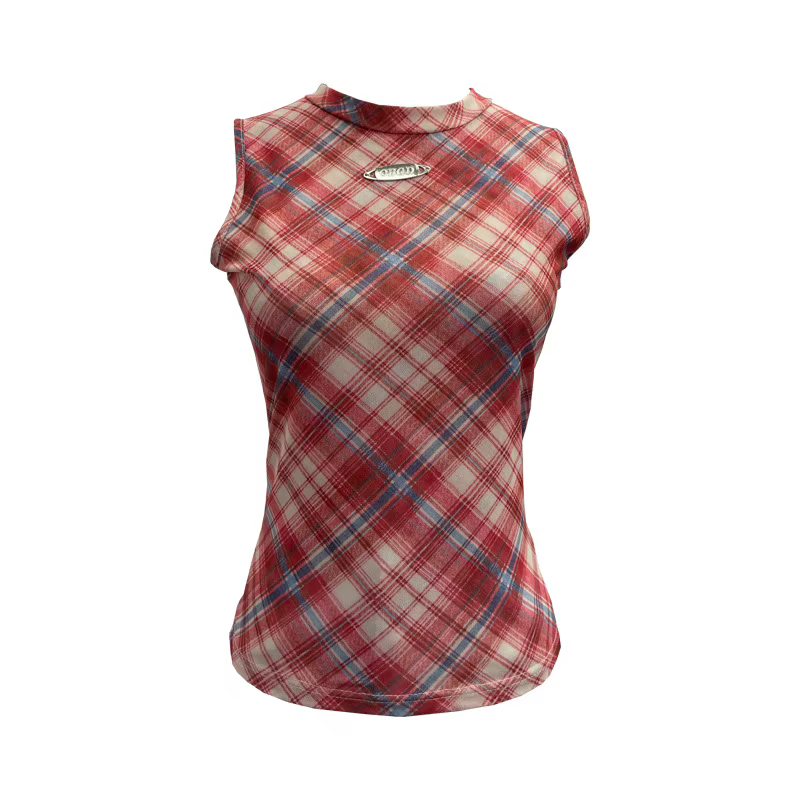 ISAROSE Vintage débardeurs pour femmes été sans manches Plaid maille extensible Double couches col rond mince hauts courts vêtements de sport