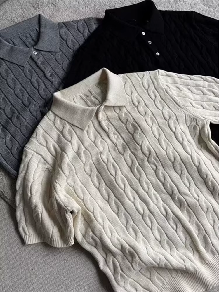 À la mode Slim Fit hommes tricoté polos été décontracté torsion Jacquard hauts en tricot