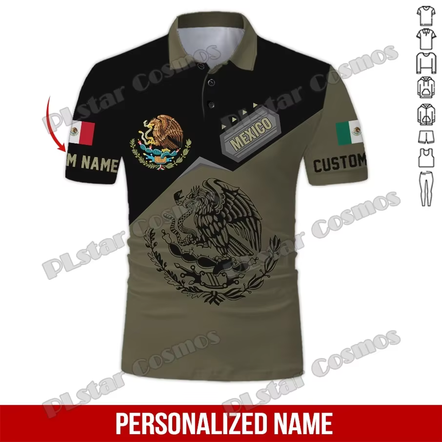 Nom personnalisé mexique blason 3D partout imprimé mode hommes Polo été décontracté unisexe à manches courtes