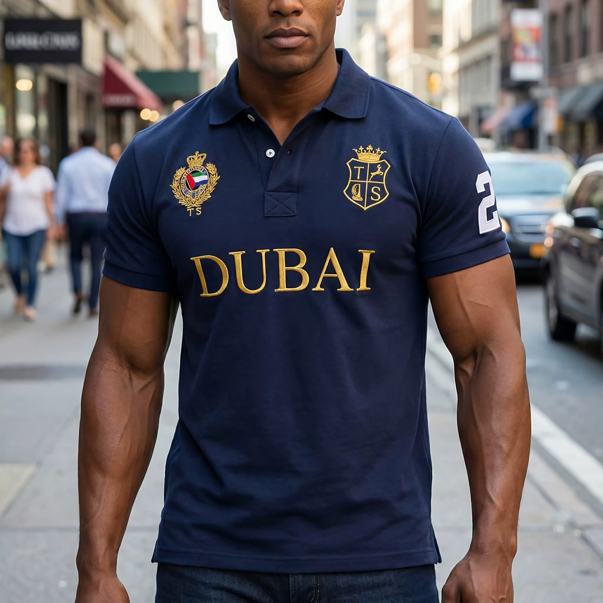 Polo homme EAU Dubaï court Royal décontracté sport fête haut de gamme coton broderie luxe contraste couleur design original