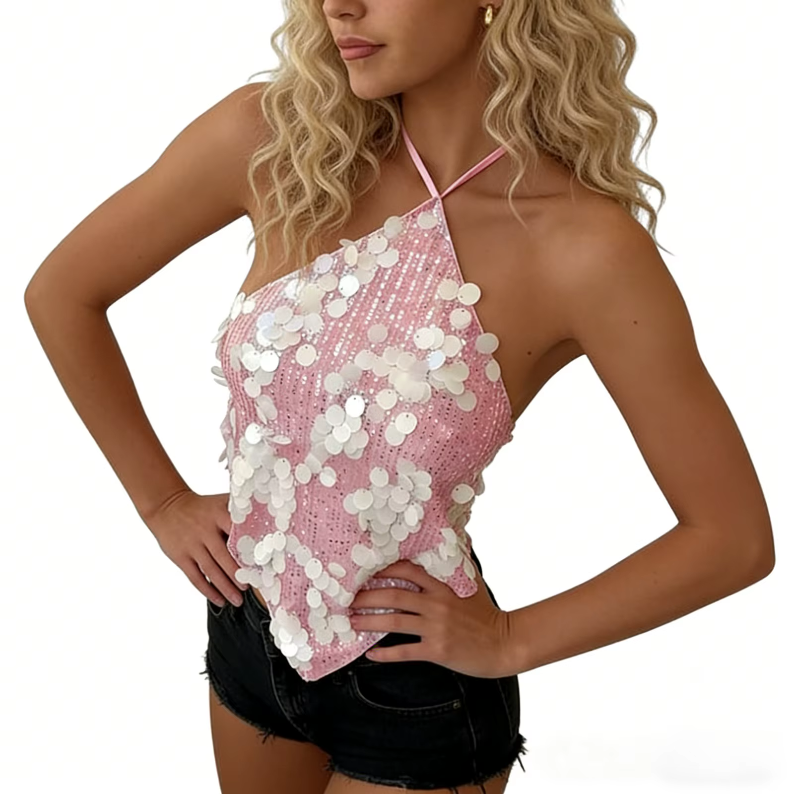 Xingqing y2k Tank Tops Sexy Women Clothing Shiny Sequins Sleeveless Open Back T Shirts Halter Neck Vest Summer Club Streetwear