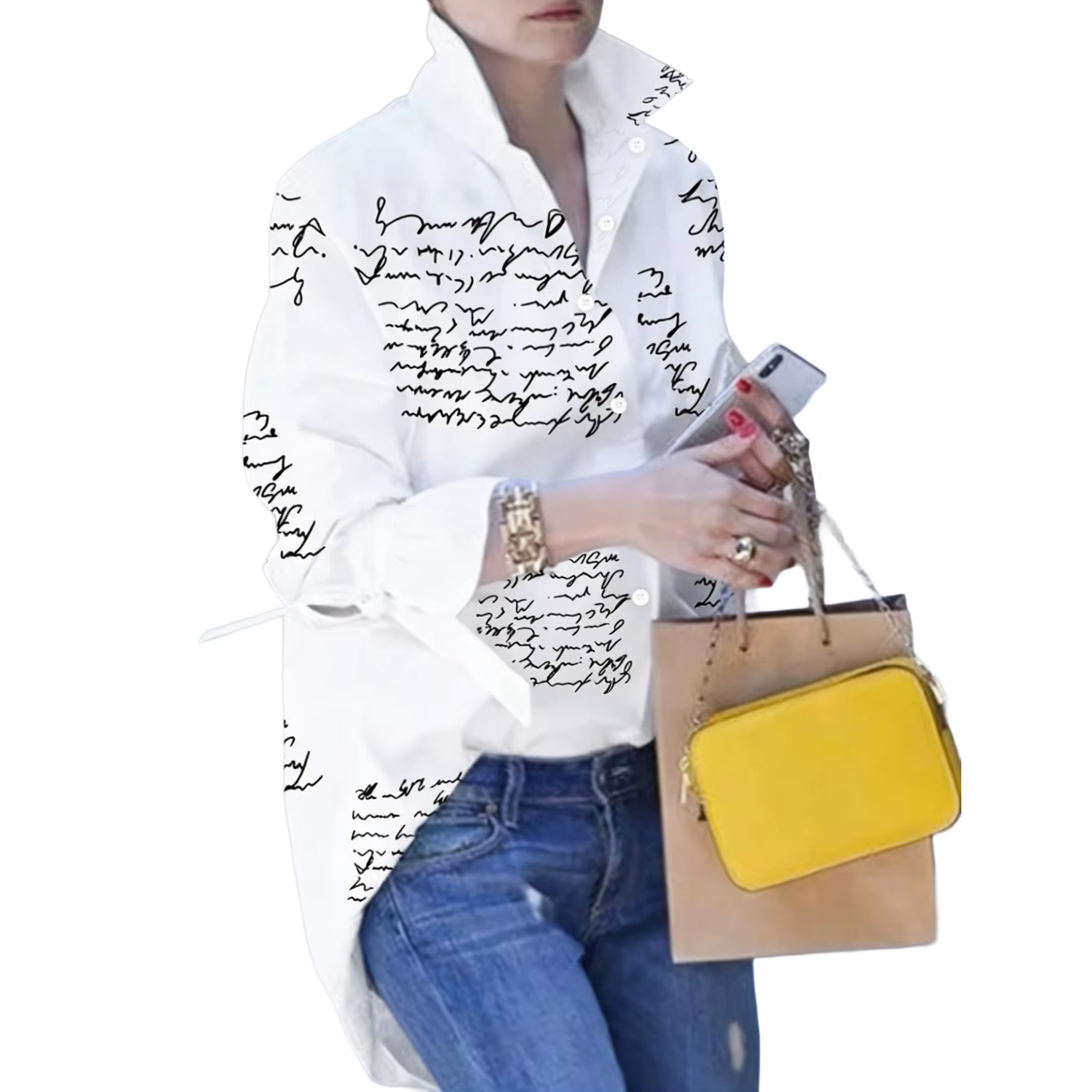 Chemise boutonnée blanche à imprimé script pour femme - Blouse décontractée à manches longues avec poignets à nouer pour le bureau et le style urbain