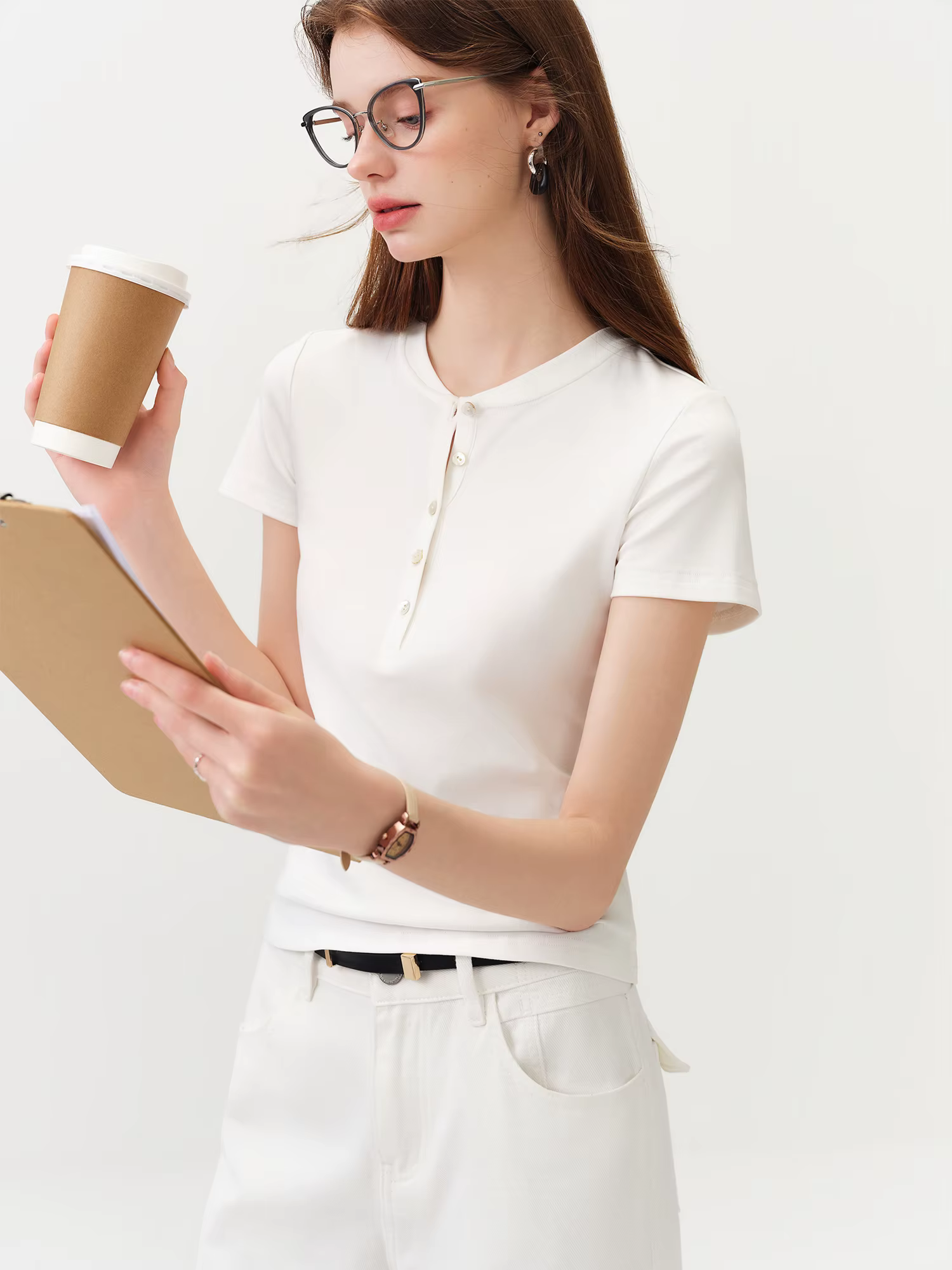 FSLE Nouveau T-shirt blanc ajusté à manches courtes pour femme avec boutons