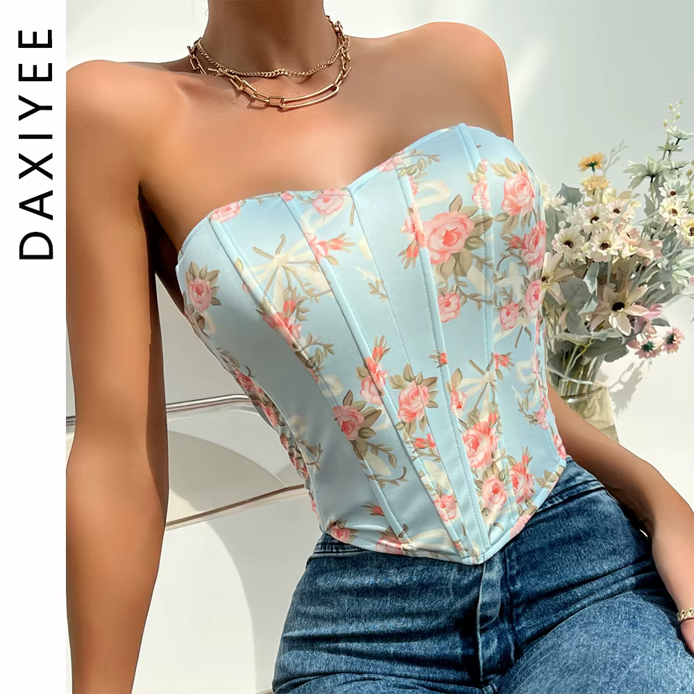 2025 Sexy Hors Épaule Spicy Girl Débardeur Coupe Basse Dos Ouvert Fleur Imprimé Corsets Camis High Street Fishbone Bustier Crop Tops