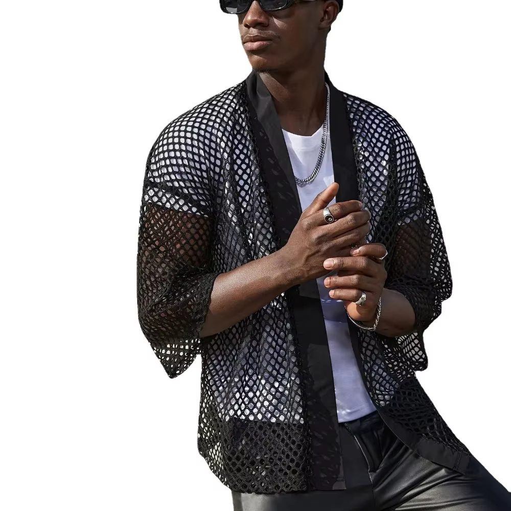 Hommes hauts en maille évider T-shirt masculin Cardigan châle Streetwear