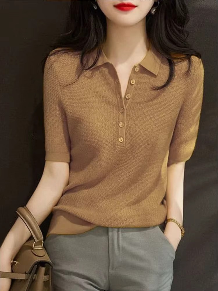 Chemise à col Polo pour femmes bouton uni femme T Slim vêtements