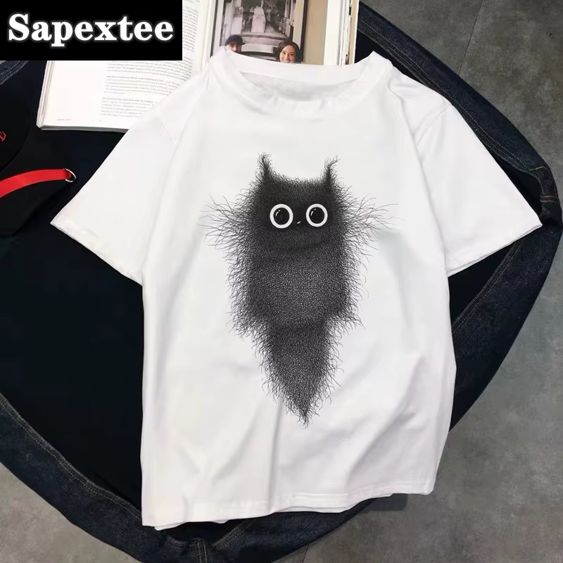T-shirt col rond femme blanc, estival et aéré, avec chat kawaii, 2020