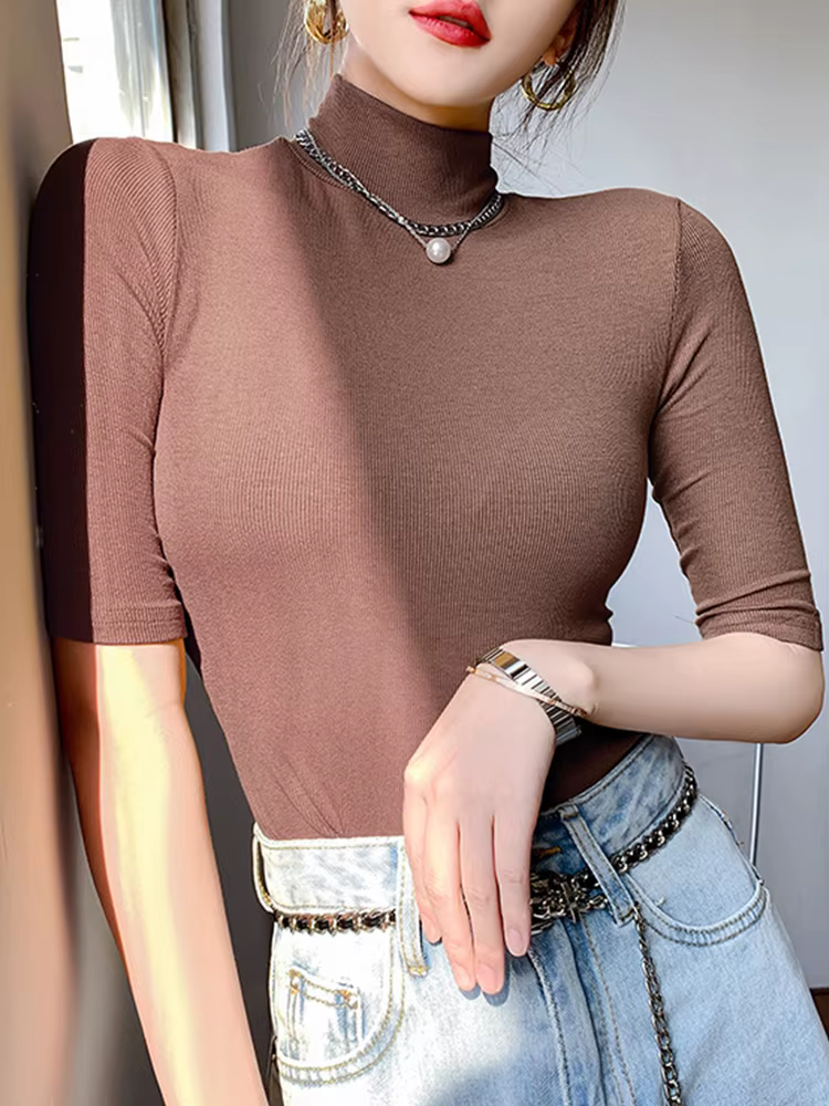 T-shirt basique en coton femmes col roulé mince