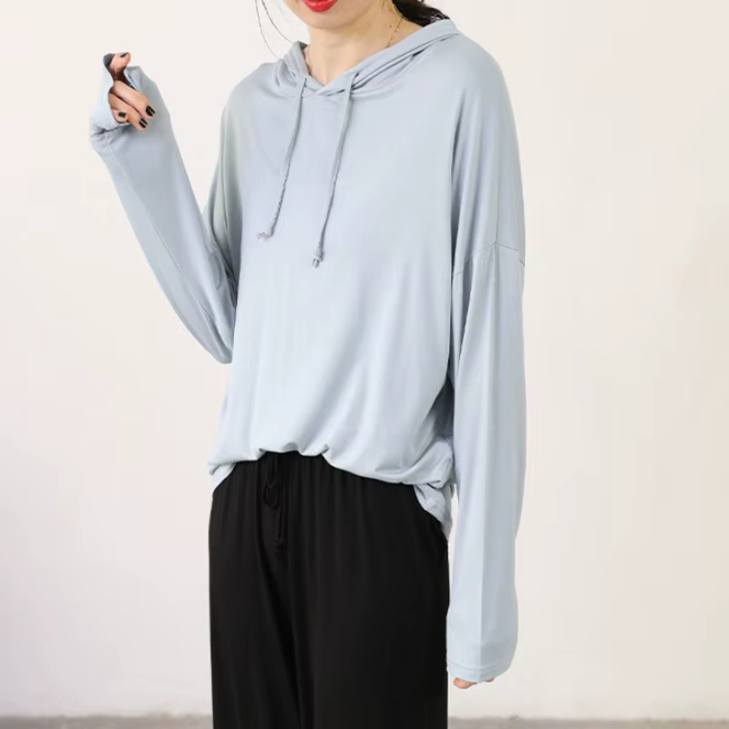 T-shirt à capuche en modal pour femme, haut décontracté printemps-automne, manches longues, coupe ample, doux, anti-UV, chemise de base, grande taille 2026